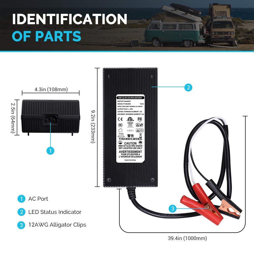 Renogy 12V 20A Lithium Battery Charger, IP67 Waterproof Smart Maintainer with BMS Activation for LiFePO4, AC-to-DC Portable Charger for RV Boat Motorcycle Car Camper-Van - Image 3