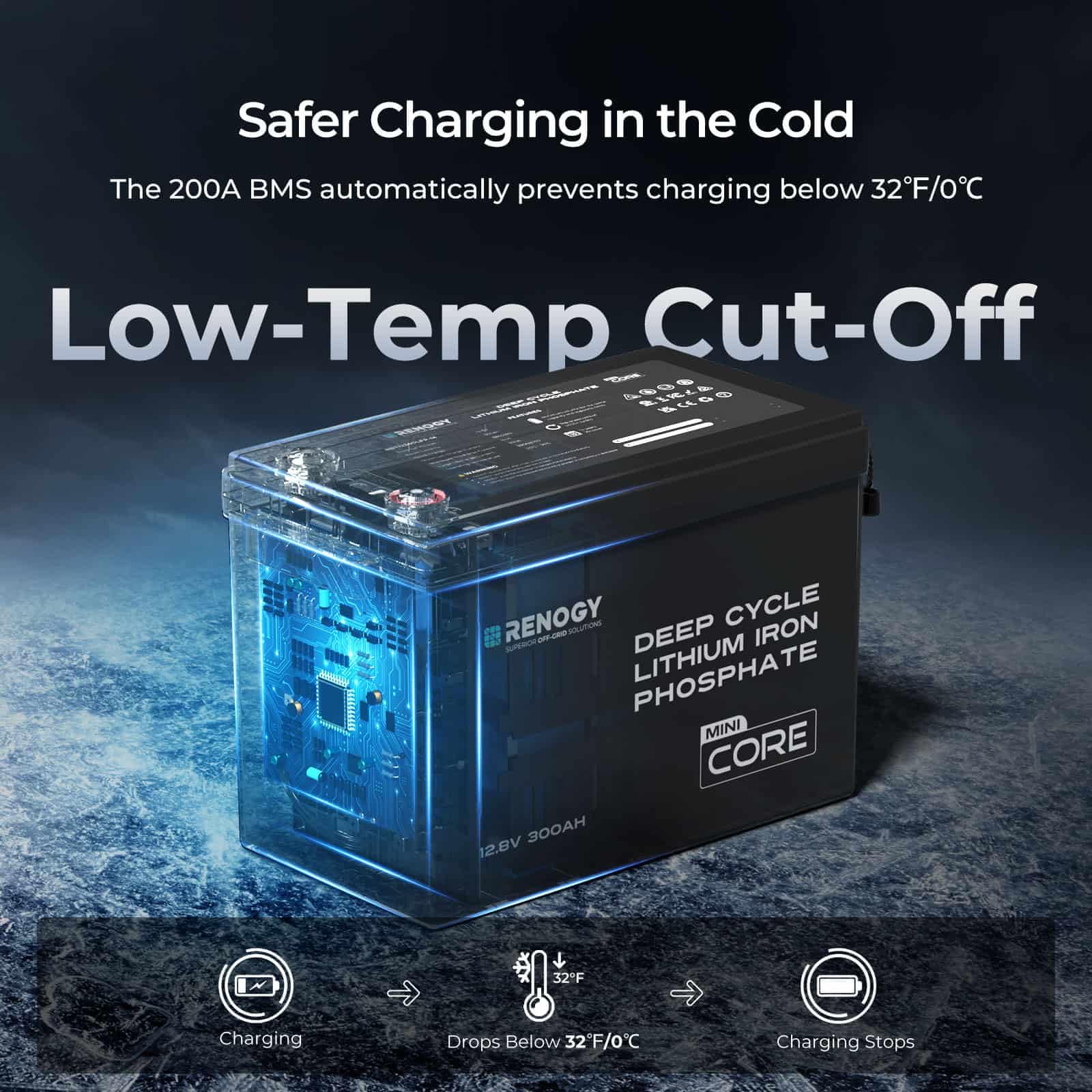Renogy 12V 300Ah Mini Size LiFePO4 Lithium Battery, 200A BMS for Ultimate Safety, Deep Cycle w/Remote Monitoring Compatibility, Backup Power for RVs, Cabins, Marine, home storage - Core Series - Image 3