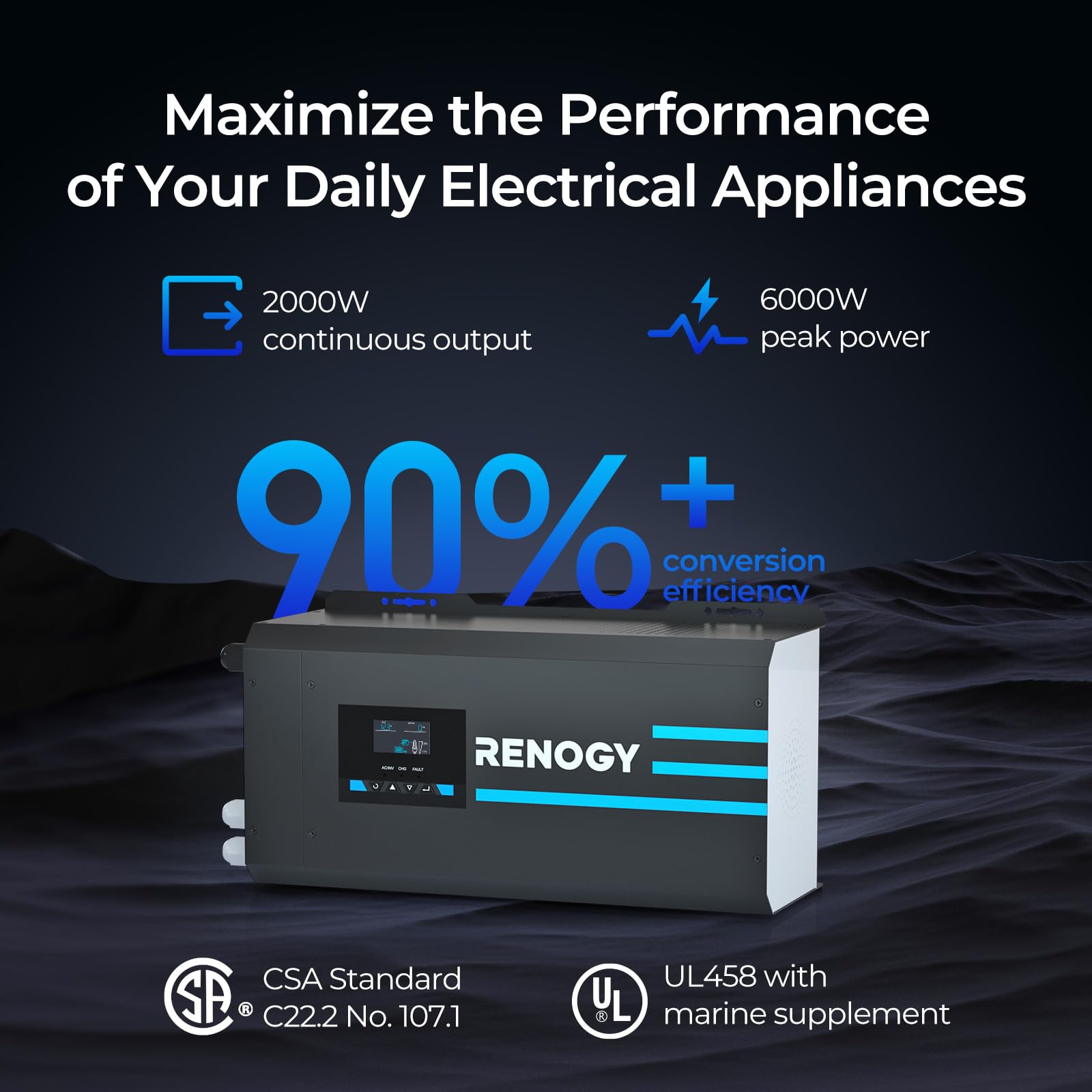 Renogy 2000w Pure Sine Wave Inverter Charger 12V DC to 120V AC Surge 6000w Off-Grid Solar Inverter Charger for RV Boat Home w/LCD Display, Auto Transfer Switch, Compatible with Lithium Battery - Image 3