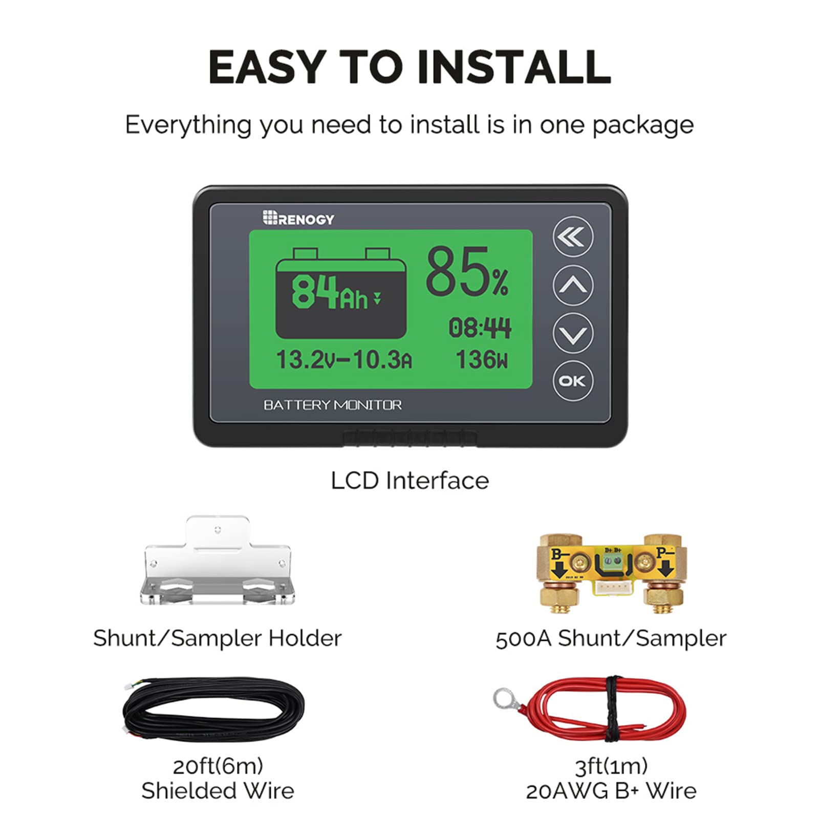 Renogy 500A Battery Monitor with Shunt, High and Low Voltage Programmable Alarm, Range 10V-120V up to 500A, 20ft Shielded Cable, Compatible 12V Lithium Sealed, Gel, Flooded Batteries,Black - Image 3