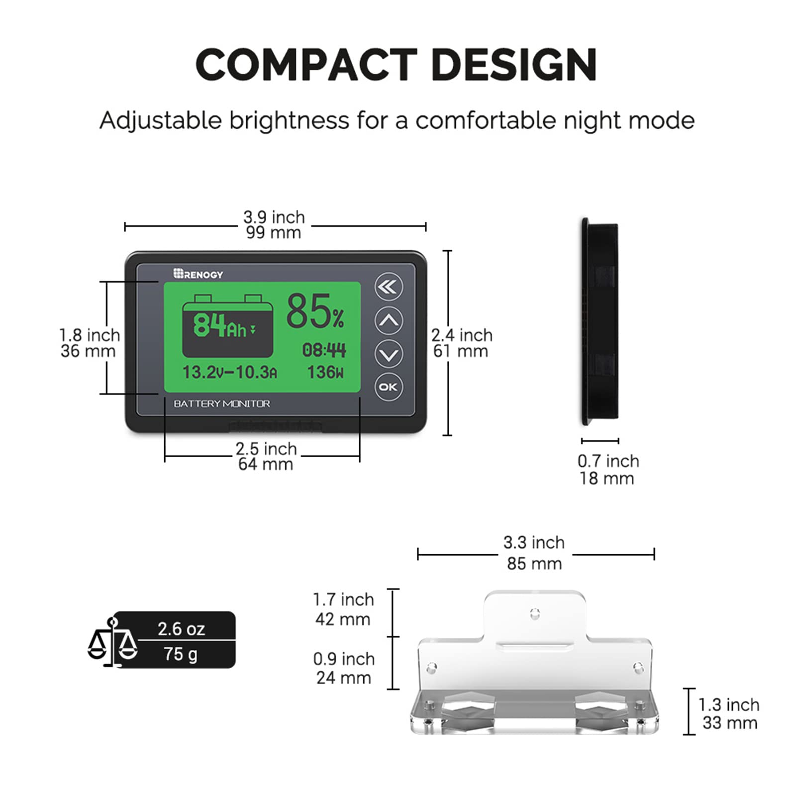 Renogy 500A Battery Monitor with Shunt, High and Low Voltage Programmable Alarm, Range 10V-120V up to 500A, 20ft Shielded Cable, Compatible 12V Lithium Sealed, Gel, Flooded Batteries,Black - Image 4